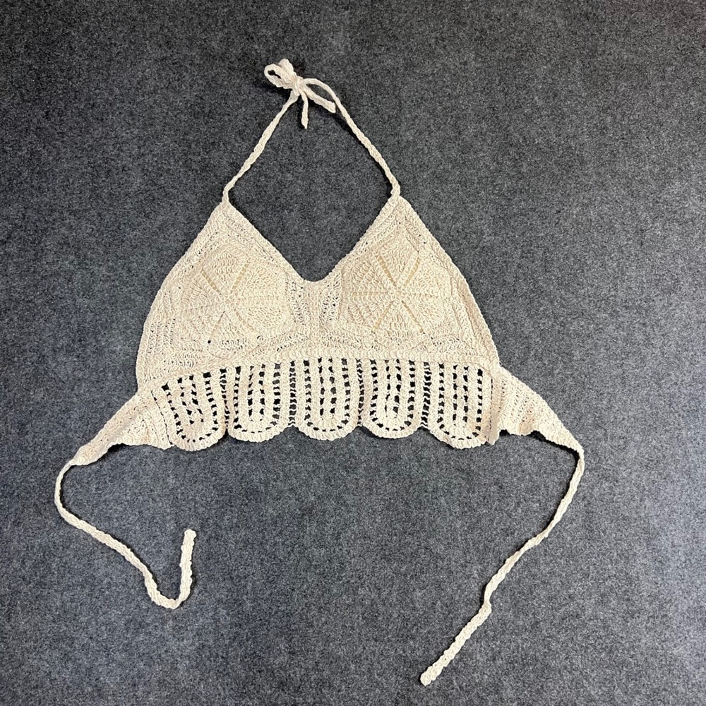 Womens Cream Crochet Halter Top Boho Scalloped Lace Padded Festival Bralette
